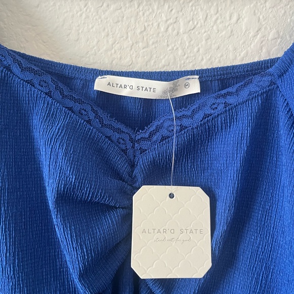 NWT Altar'd State Top Medium Blue Adley Cinched Ruched Babydoll Blouse Medium - Picture 4 of 6